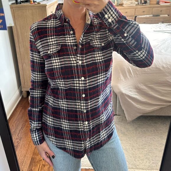 JACHS Girlfriend Tops - Jachs Girlfriend Lena Plaid Flannel Distressed Button Down Shirt